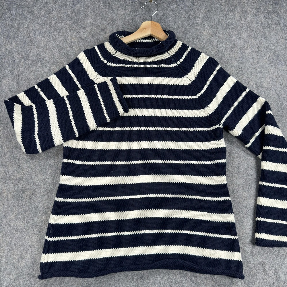 L.L.Bean Sweater Womens Medium Navy Stripe‎ Mock Neck Nautical Pullover Knit